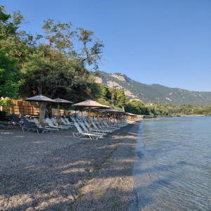 a group of chairs and umbrellas on a beach at Thalantheia House in Agios Konstantinos