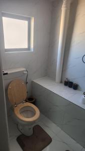 a white bathroom with a toilet and a window at Sand Fontein in Springbok