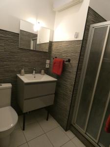 a bathroom with a sink and a toilet and a shower at Les Bergeronnettes in Trénal