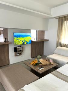 a living room with two beds and a tv at Comfortable and Fresh Apartment in Tunis