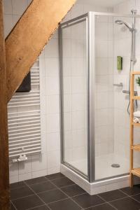 a shower with a glass door in a bathroom at Verblijf bij Bynt in Sneek +87 photos