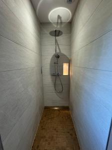 a bathroom with a shower with a shower head at Le Buchon Lodge in Montcornet