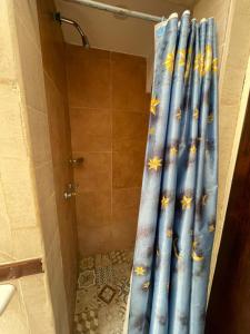 a shower with a blue shower curtain in a bathroom at Casa laberinto, Entre cerros, cómoda cama de 2x2 in Salta +22 photos