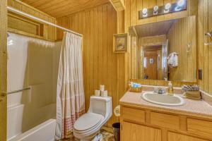 a bathroom with a toilet and a sink and a shower at Peaceful & Private Cloudcroft Cabin with Deck! in Cloudcroft +19 photos