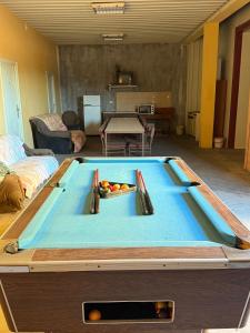 ein Billardtisch in einem Wohnzimmer mit einer Zange darauf in der Unterkunft Pecinci Hostel in Pećinci