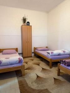 ein Zimmer mit zwei Betten und einem Teppich in der Unterkunft Pecinci Hostel in Pećinci