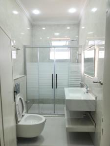 a bathroom with a shower and a toilet and a sink at Monani in Amman
