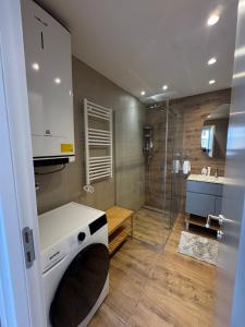 a bathroom with a shower and a sink and a toilet at DivciCasa apartments Divčibare in Divčibare +123 photos