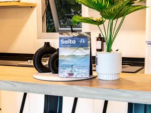 a table with a plant and a box on it at Cañada Suites by FMA Coliving in Salta