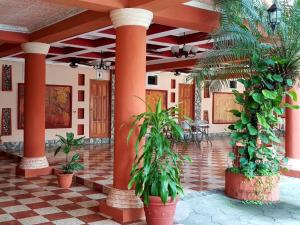 a courtyard with palm trees in a building at Hotel La Cabaña in Ciudad Melchor de Mencos