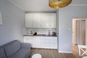 a living room with a couch and a kitchen at Ośrodek TVP Sarnówek in Szałkowo