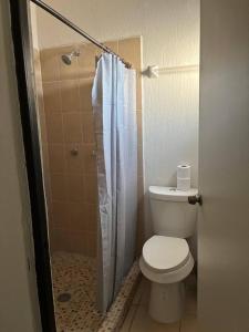 a bathroom with a toilet and a shower at Modern 2-Bedroom House in Guaymas in Guaymas +4 photos