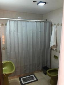 a bathroom with a shower and a green toilet at House beach in Puerto Madryn +5 photos