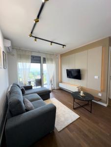 a living room with a couch and a tv at I&I Tesla IV in Kragujevac