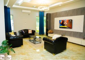 a living room with two couches and a tv at Phokera Homes in Lilongwe