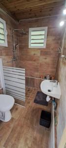 a bathroom with a sink and a shower and a toilet at Plenitude Bungalow in Sainte-Rose
