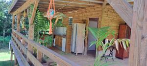 a wooden cabin with a kitchen and a deck at Plenitude Bungalow in Sainte-Rose