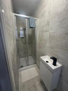 a bathroom with a shower and a toilet and a sink at Spacious Luxury 2bd with extra Private Studio Room in Catford