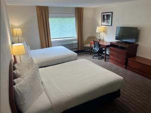 a hotel room with two beds and a desk and a television at River Valley Inn in Hatfield +10 photos
