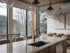 a kitchen with a sink and a large window at Chalet Symbiose21 - Vue montagne, Sauna et spa in Saint Come