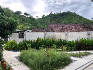 a garden in front of a building with a mountain at Light Star Villa in Kuta Lombok