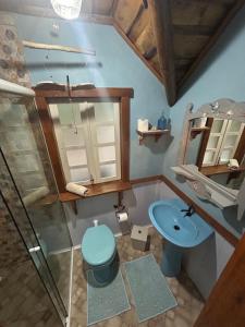 a bathroom with a blue toilet and a sink at Casa na Árvore in Rio dos Bugres