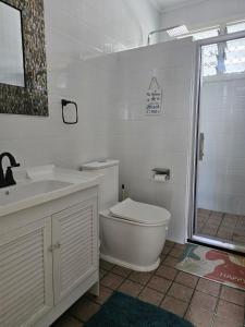a bathroom with a toilet and a sink and a shower at Beach House - Maninoa in Maninoa +13 photos