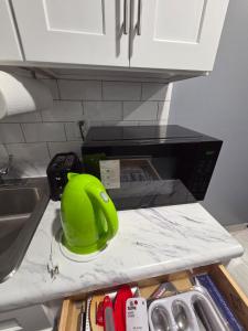 a green helmet sitting on a counter next to a microwave at Queen Detached Studio 1 in Irvington