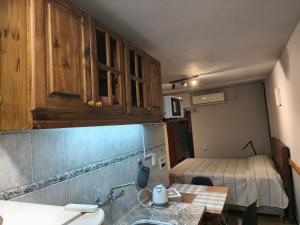 a kitchen with a sink and a bed in a room at Pausa viajera in Las Heras