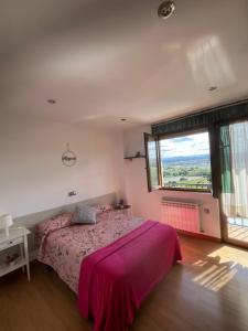 a bedroom with a bed and a large window at Apartamentos Casa Carmen in Suances