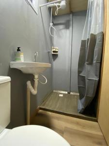a bathroom with a shower with a sink and a toilet at Tiny House in Boa Vista