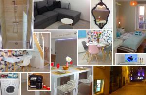 een collage van foto's van een woonkamer en keuken bij Appartement sur 3 niveaux centre ville CAEN in Caen