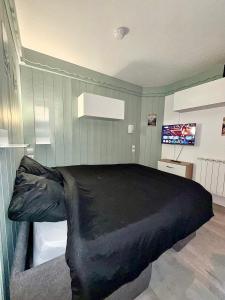 a bedroom with a large bed and a television at Studio Cosy avec balcon in Combloux