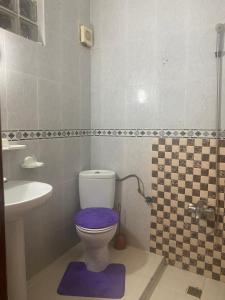 a bathroom with a toilet with a purple seat at Balcon atlantico in Larache