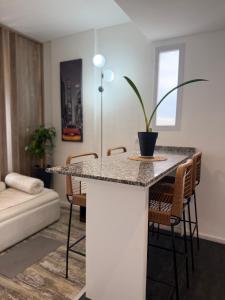 a kitchen with a island with a potted plant on it at Stylish Modern apartment with automatic parking in Buenos Aires