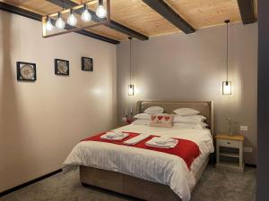 a bedroom with a large bed with a red blanket at Casa Veche in Runcu