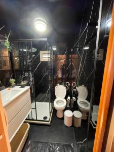 a bathroom with two toilets and a shower at השקט של כליל in Clil