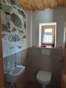 a bathroom with a sink and a toilet and a window at Biohof Prannleithen - Knusperhaus in Yspertal
