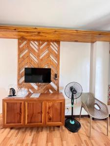a room with a television and a desk with a fan at Puyo Suites Homestay in General Luna