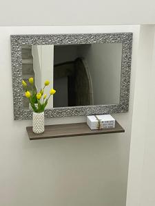 a mirror on a wall with a vase of flowers on a shelf at Terrasolemonica in Pontecorvo