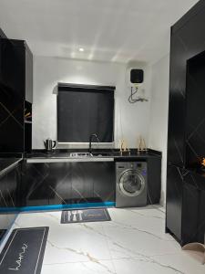 a kitchen with a sink and a washing machine at Emerald Enclave Residence in Gwarinpa