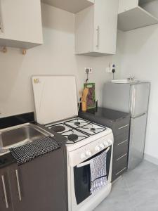 a small kitchen with a stove and a sink at Happy Dany Stays in Kiahuria