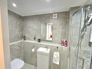 a bathroom with a shower and a toilet and a sink at Stylish & Central Design Apartment- 3 Beds in Edinburgh