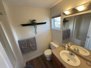 a bathroom with a sink and a toilet and a mirror at Spacious & Private Retreat near West Edmonton Mall in Edmonton +29 photos