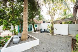 a backyard with a palm tree and a toilet at Villa Pigeon Paradise in Unawatuna
