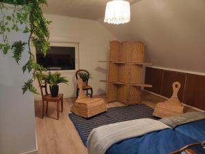 a bedroom with a bed and two chairs and a television at Maison de campagne in Le Puy