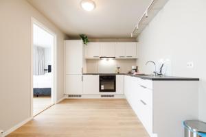 an open kitchen with white cabinets and a sink at Lofoten Premium Suites in Leknes
