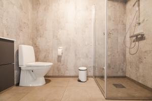 a bathroom with a toilet and a shower at Lofoten Premium Suites in Leknes +49 photos