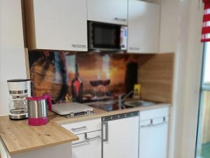 a kitchen with a counter top with a laptop on it at Domizil NauNik in Naumburg
