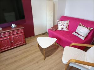 a living room with a pink couch and a tv at Domizil NauNik in Naumburg +54 photos